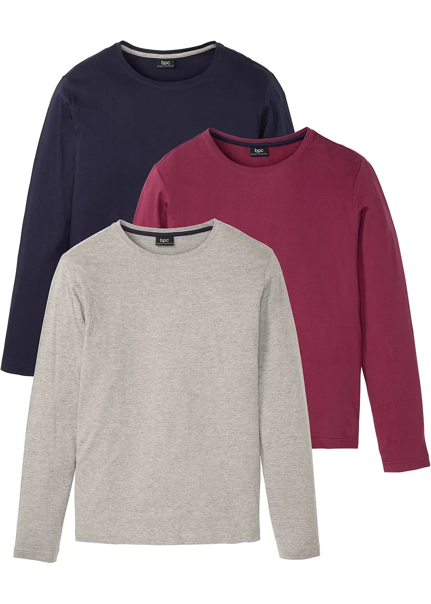 Langarmshirt (3er Pack) in grau von vorne - bonprix