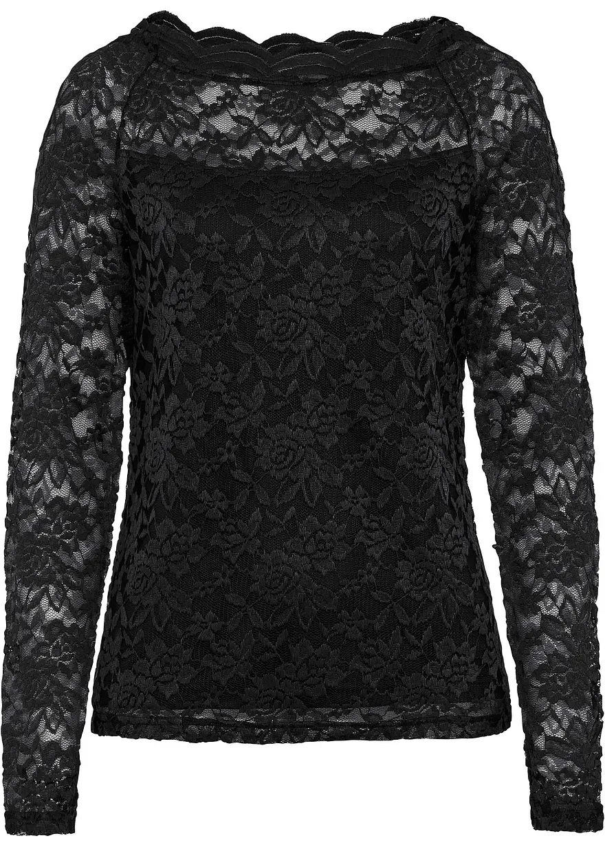 Spitzen-Langarmshirt in schwarz von vorne - bonprix