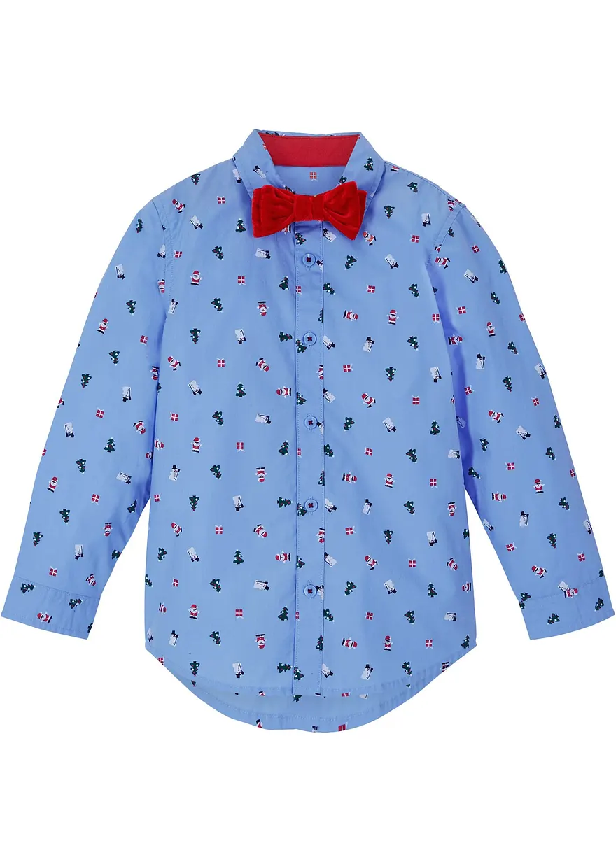 Langarmhemd mit Fliege und Weihnachtsmotiv (2-tlg.Set) in blau von vorne - bonprix