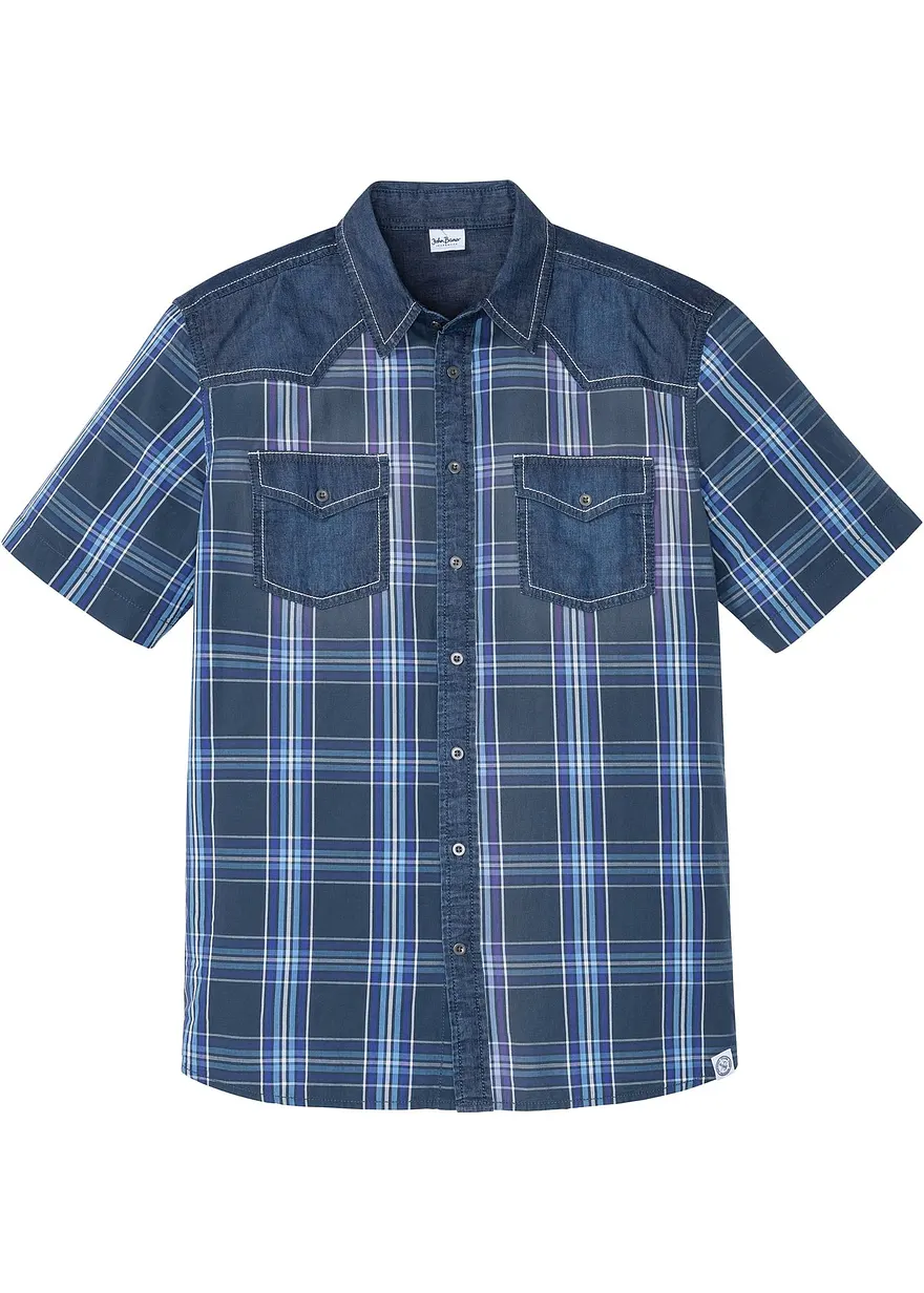 Kurzarmhemd mit Denimbesatz in blau von vorne - bonprix