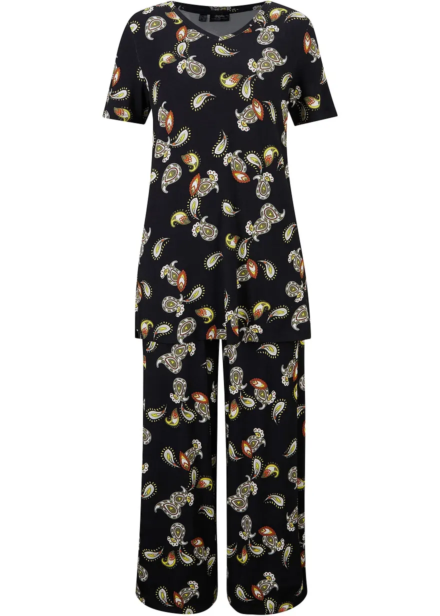 Shirt und Culotte aus fließendem Viskose-Mix, (2-tlg.Set) in schwarz von vorne - bonprix