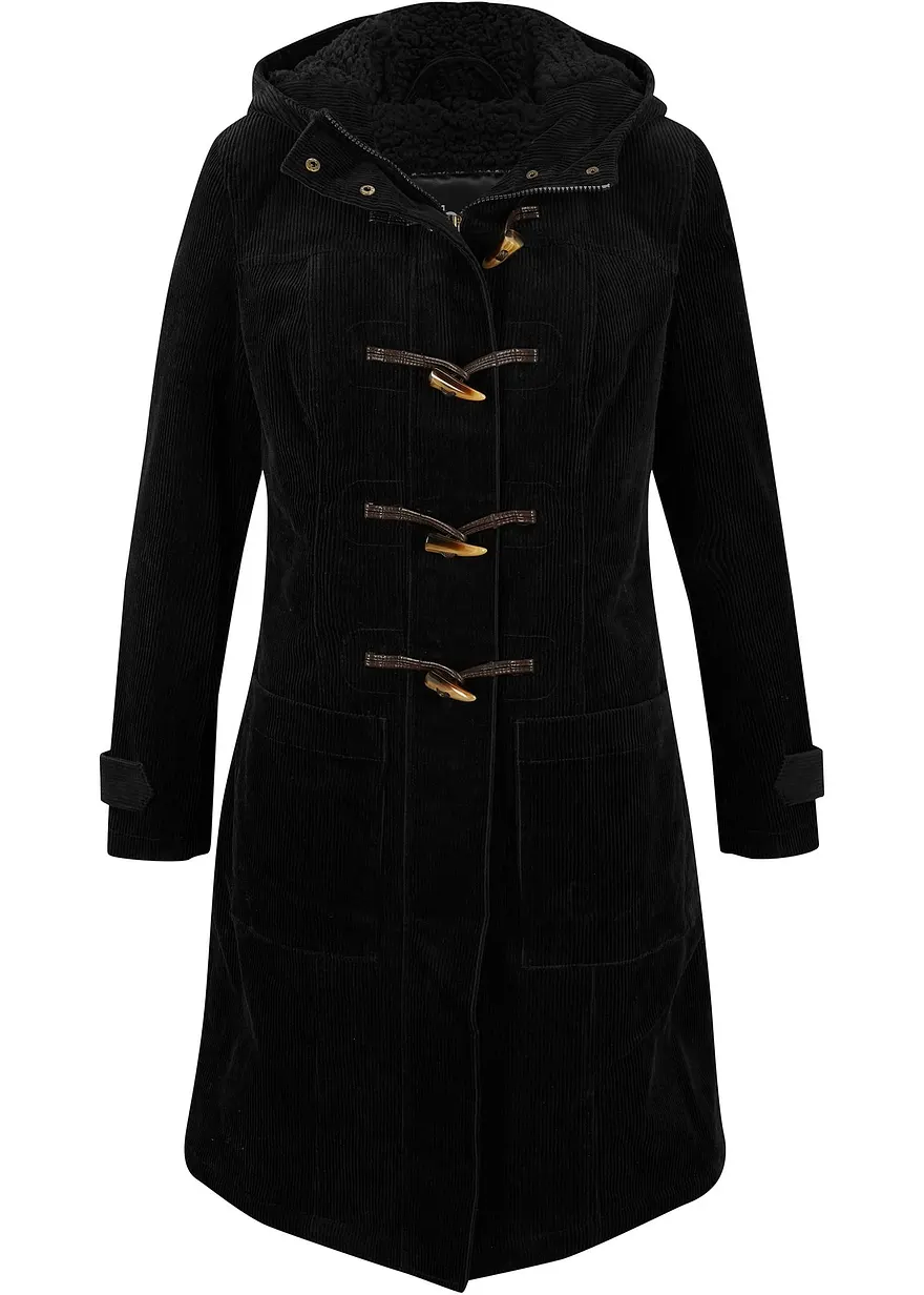 Gefütterter Cord-Dufflecoat in schwarz von vorne - bonprix