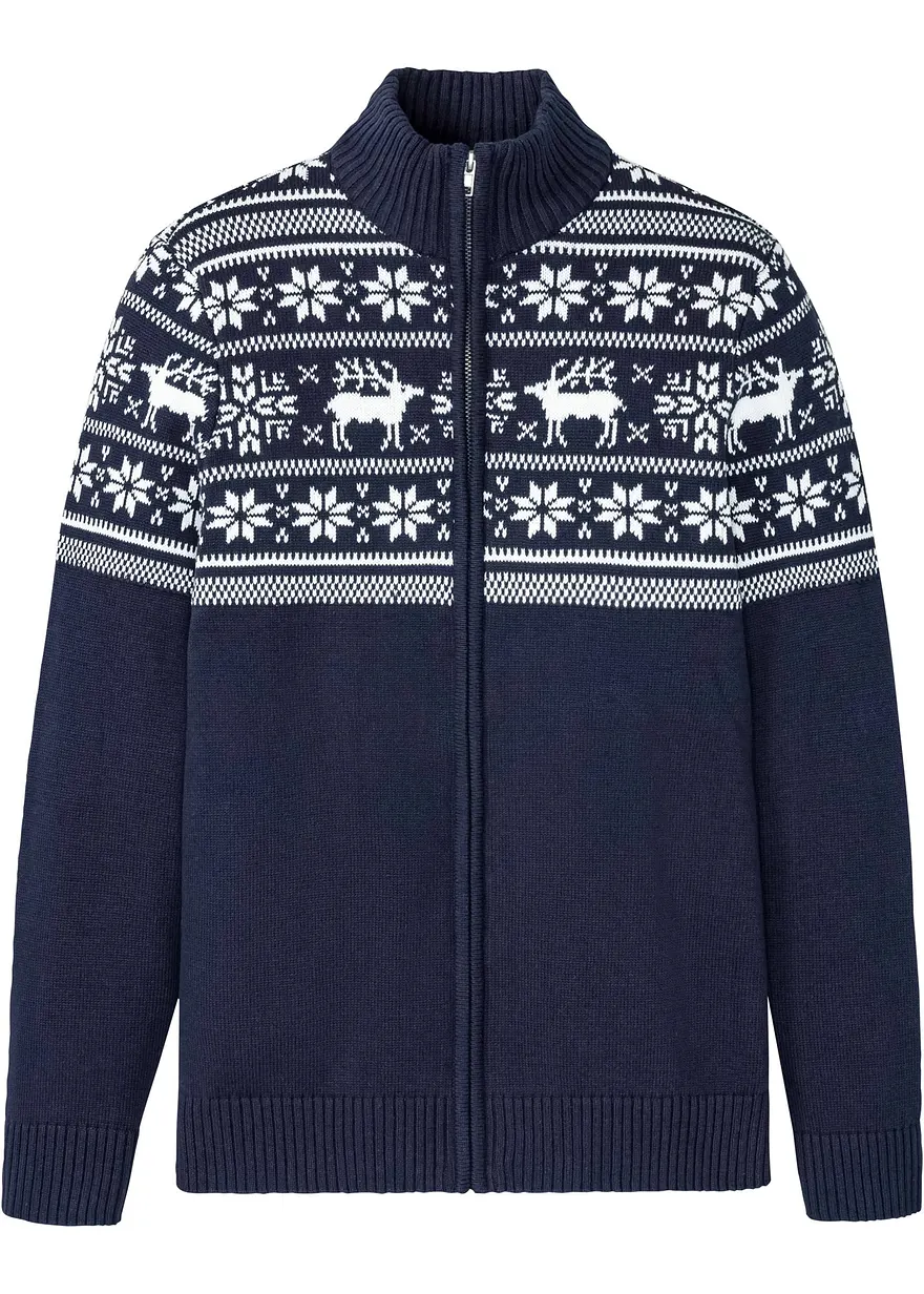 Norweger Strickjacke aus reiner Baumwolle in blau von vorne - bonprix