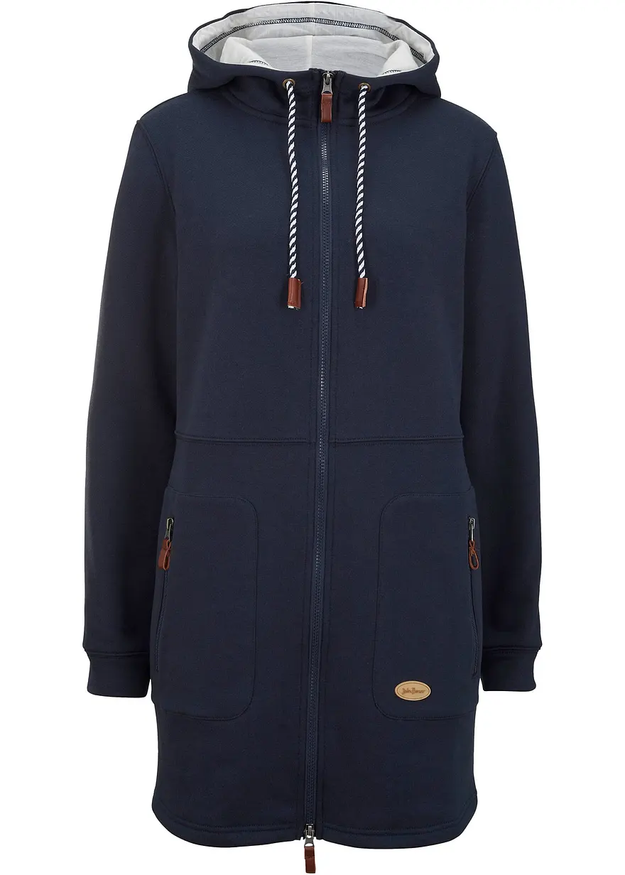 Long-Kapuzen-Sweatjacke in blau von vorne - bonprix