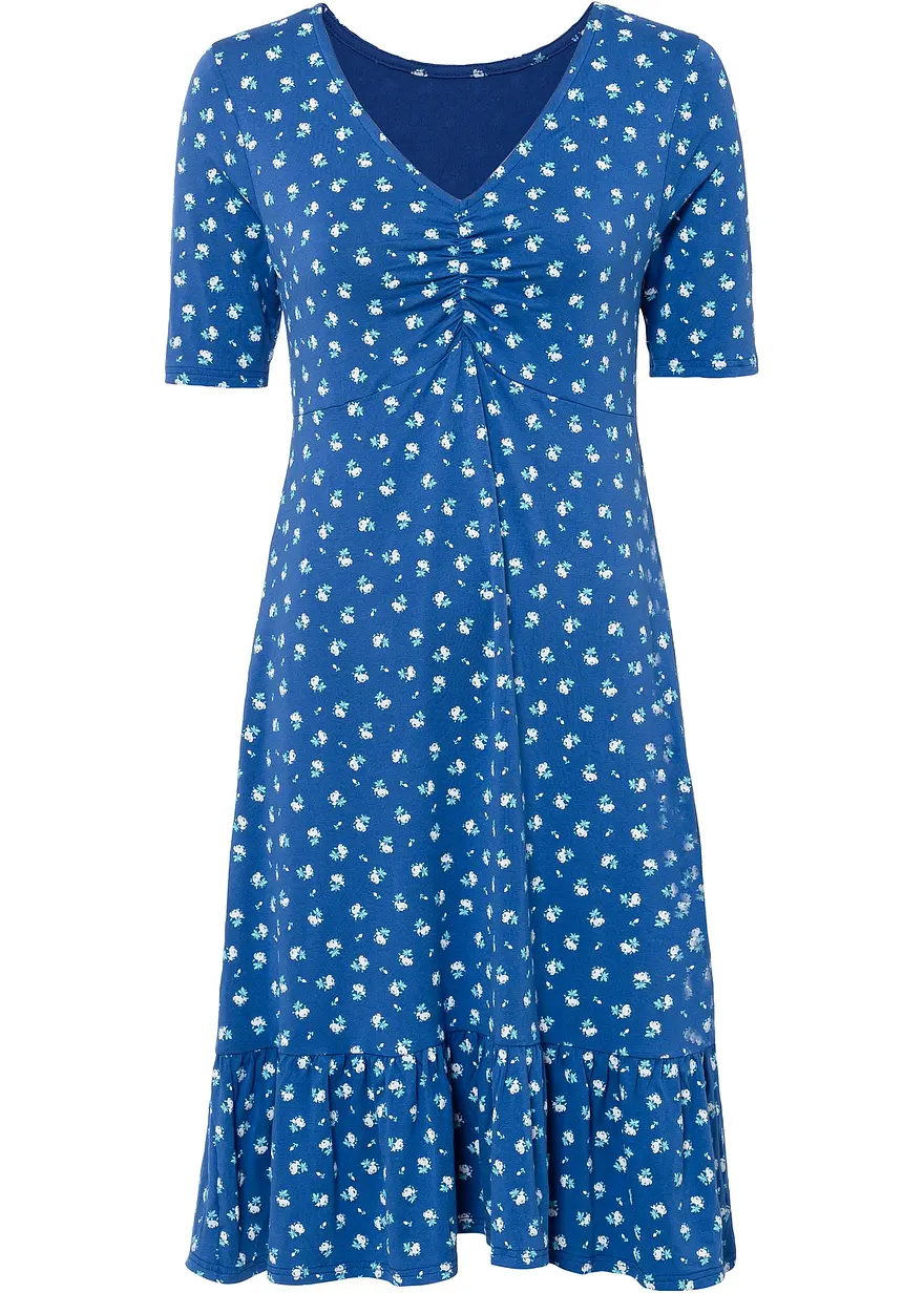 Bedrucktes Jerseykleid in blau von vorne - BODYFLIRT