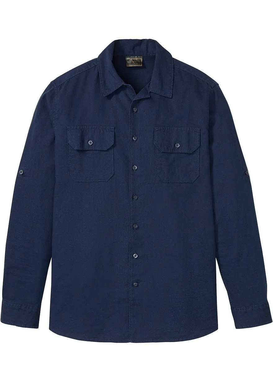 Langarmhemd mit Leinen in blau von vorne - bonprix