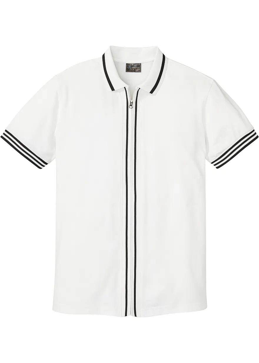 Piqué-Poloshirt mit Reißverschluss aus reiner Baumwolle in weiß von vorne - bonprix