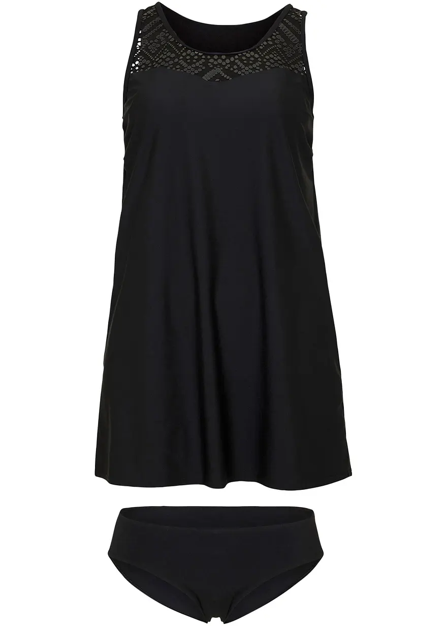 Schnelltrocknender Long-Tankini (2-tlg.Set) mit Spitze in schwarz von vorne - bonprix