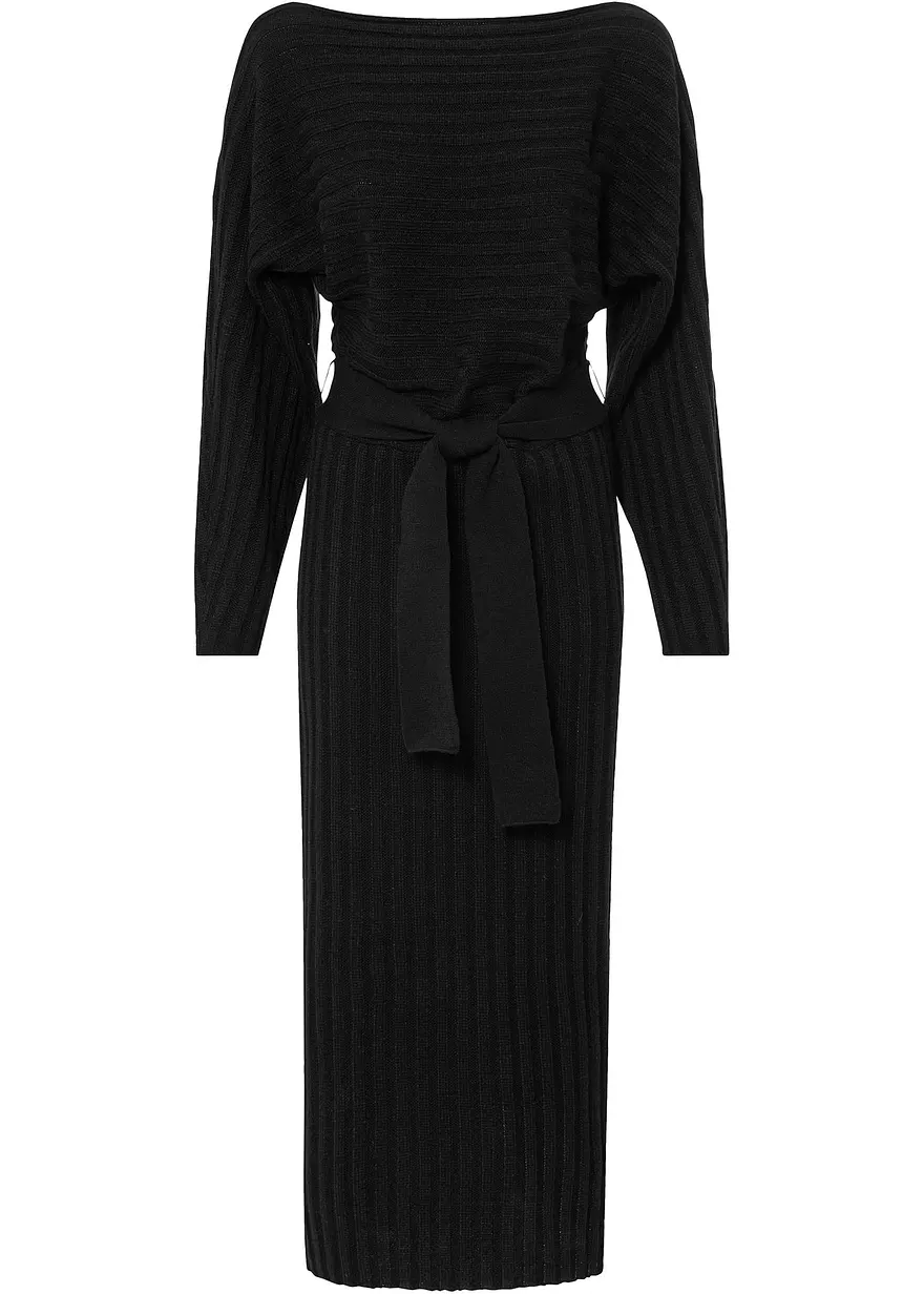 Strickkleid mit Gürtel (2-tlg.Set) in schwarz von vorne - bonprix