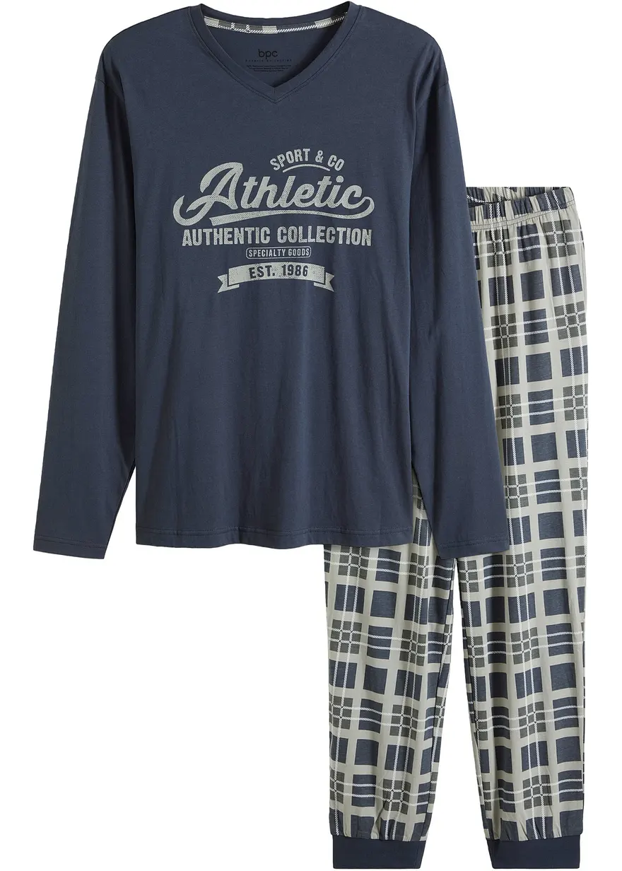 Pyjama aus reiner Bio-Baumwolle mit langen Ärmeln in blau von vorne - bonprix