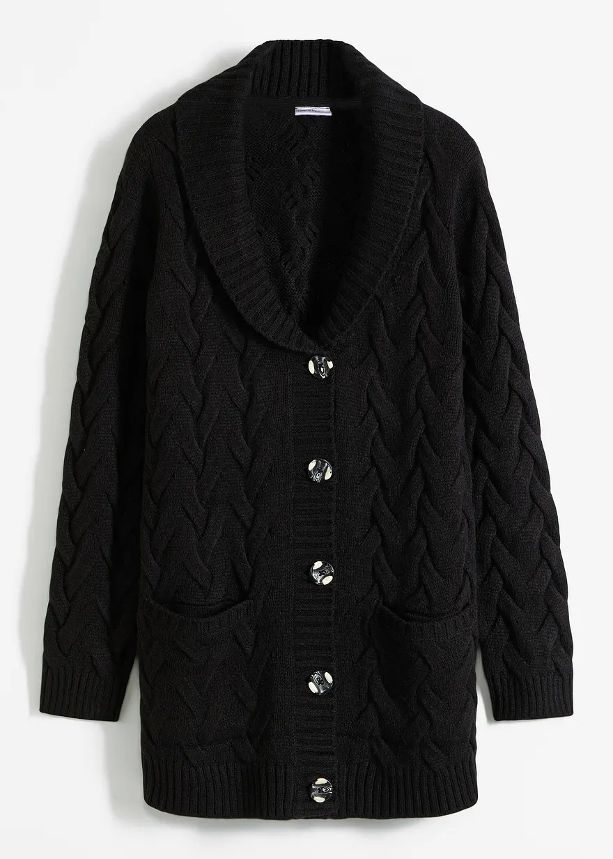 Longstrickjacke mit Schalkragen und Zopfmuster in schwarz von vorne - bonprix