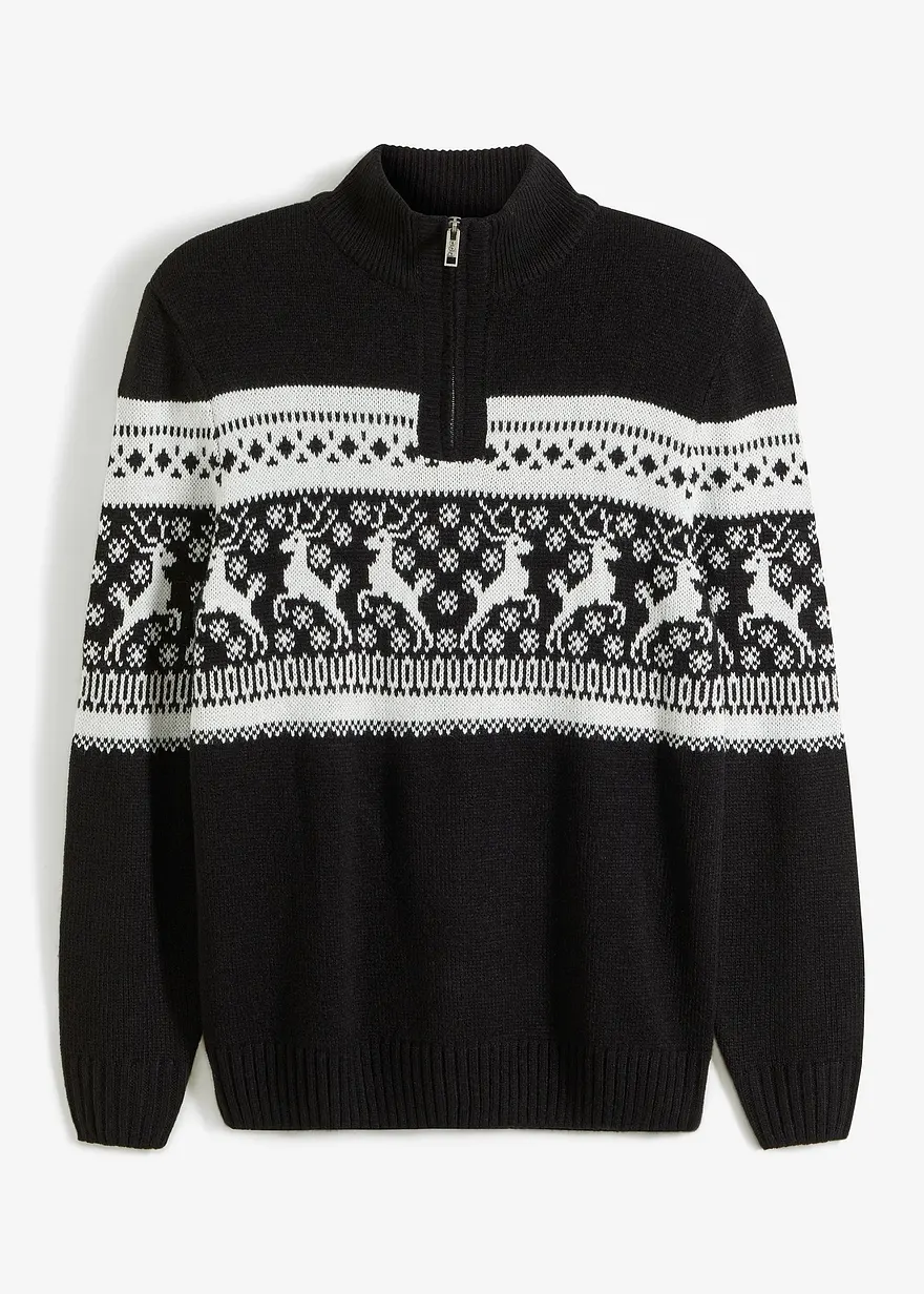 Norweger-Pullover mit Troyerkragen in schwarz von vorne - bonprix