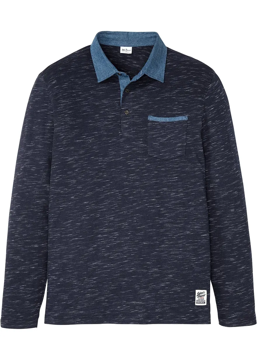Poloshirt mit gewebtem Kragen, Langarm in blau von vorne - bonprix
