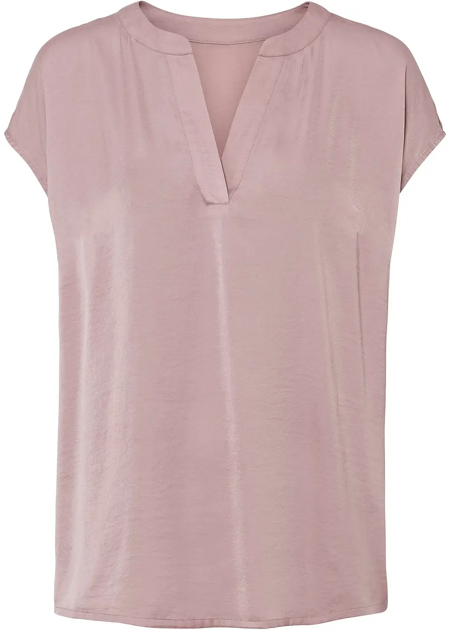 Lockere Satin-Kurzarmbluse mit überschnittenen Schultern in rosa von vorne - bonprix