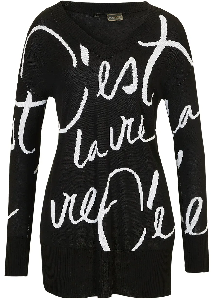 Longpullover mit Schriftzug in schwarz von vorne - bonprix