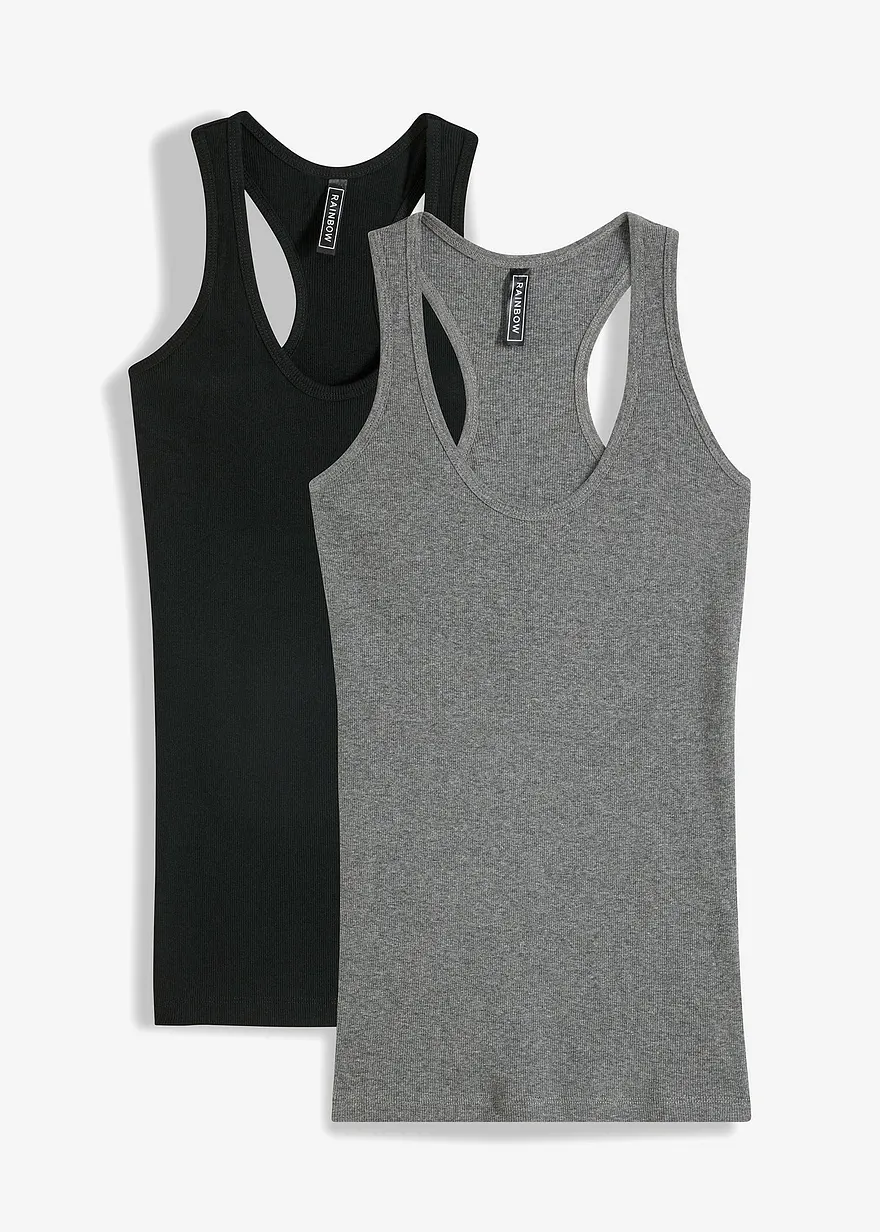 2er-Pack Ripp-Tanktop in schwarz von vorne - bonprix
