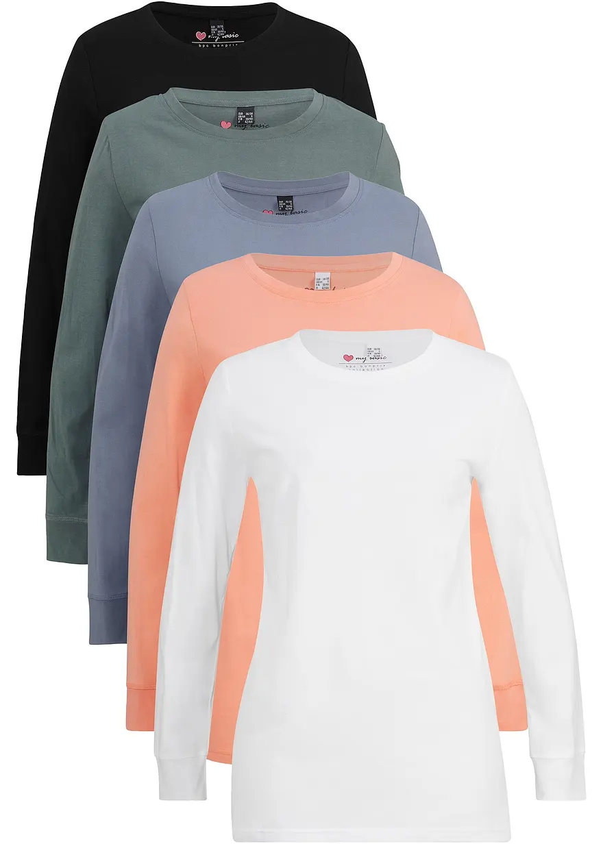 Longshirt mit Rundhalsausschnitt, Langarm (5er Pack) in grün von vorne - bonprix