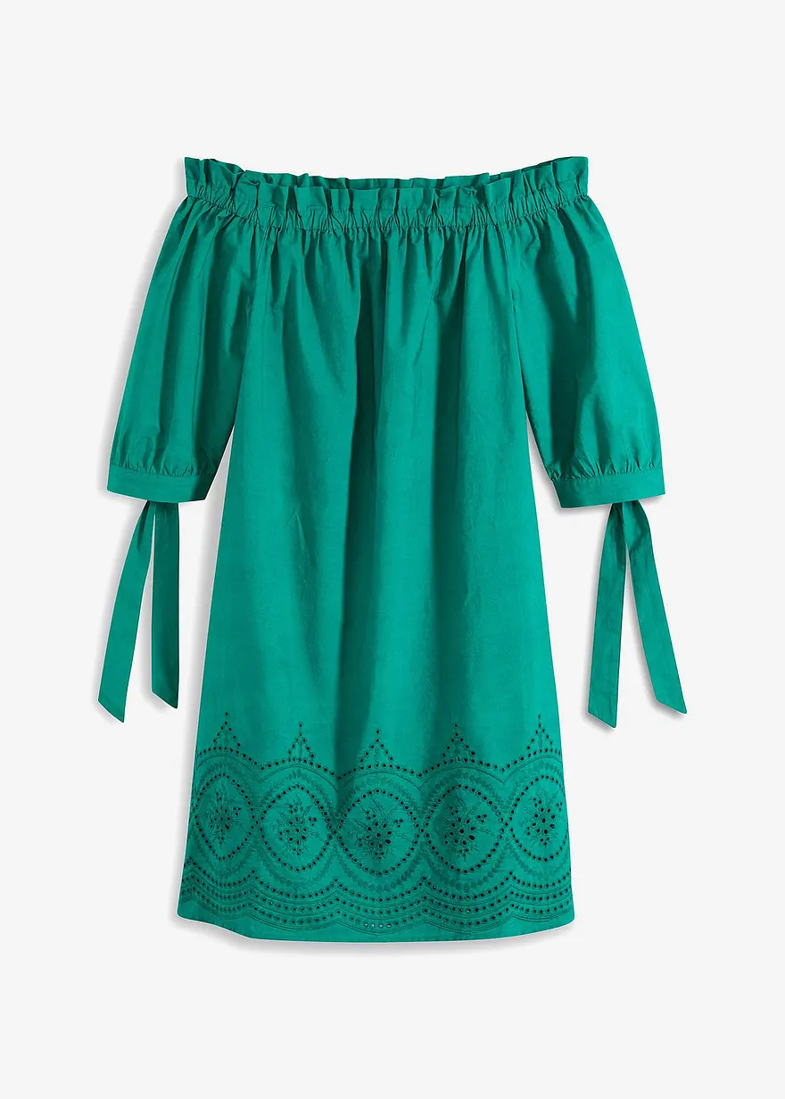 Off-Shoulder-Kleid aus reiner Baumwolle in grün von vorne - bonprix
