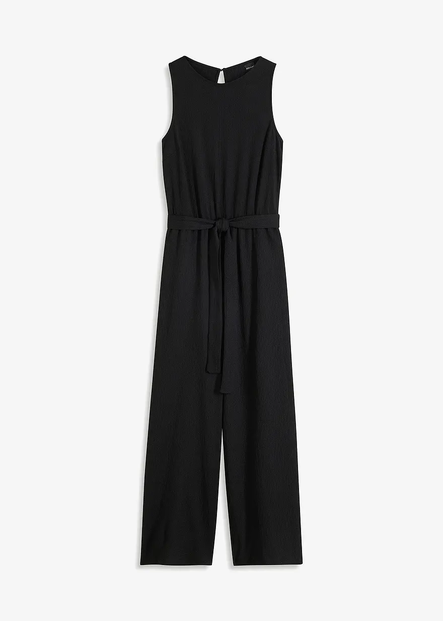 Jersey-Jumpsuit aus strukturiertem Crêpe in schwarz von vorne - bonprix