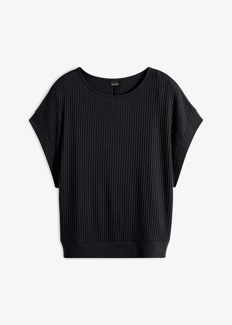 Rippshirt mit Fledermausärmeln in schwarz von vorne - bonprix