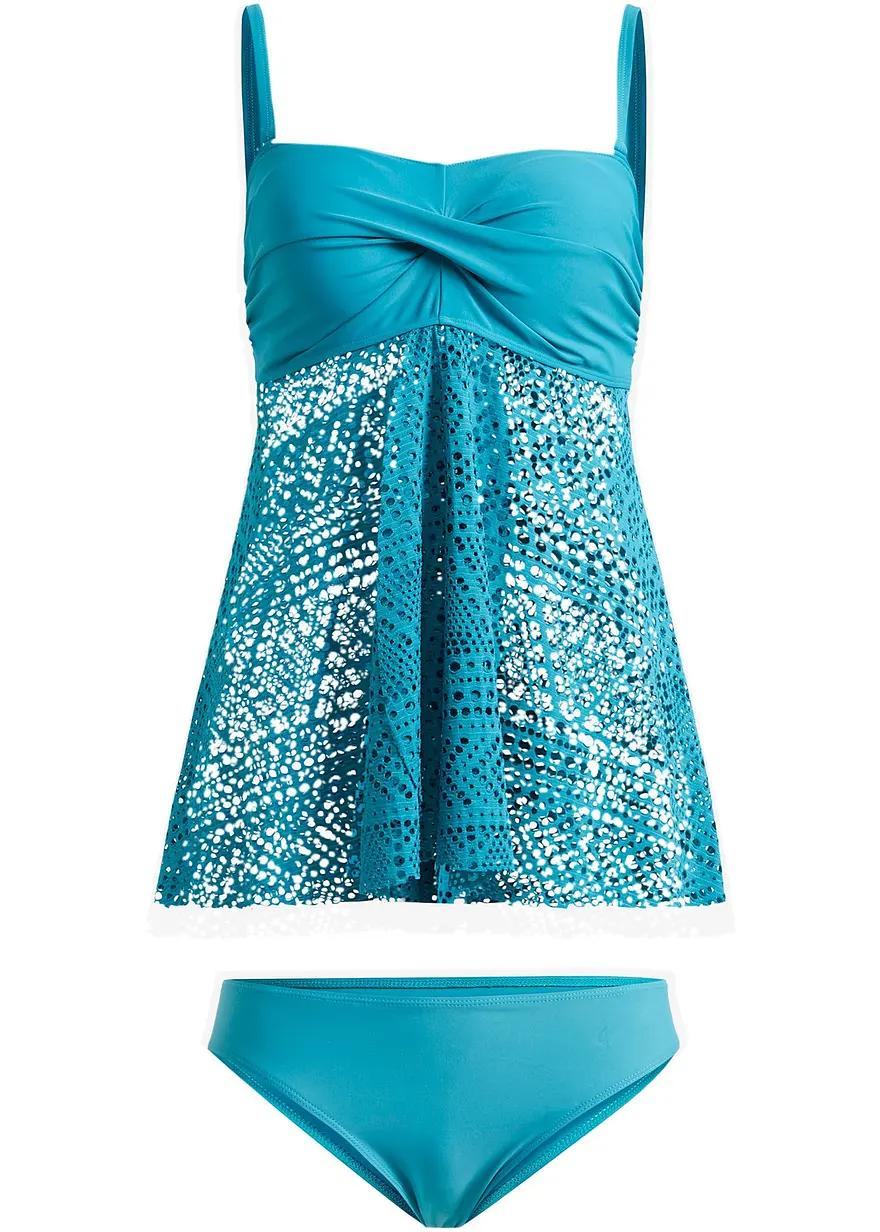 Long-Tankini (2-tlg. Set) mit Spitze in petrol von vorne - bonprix
