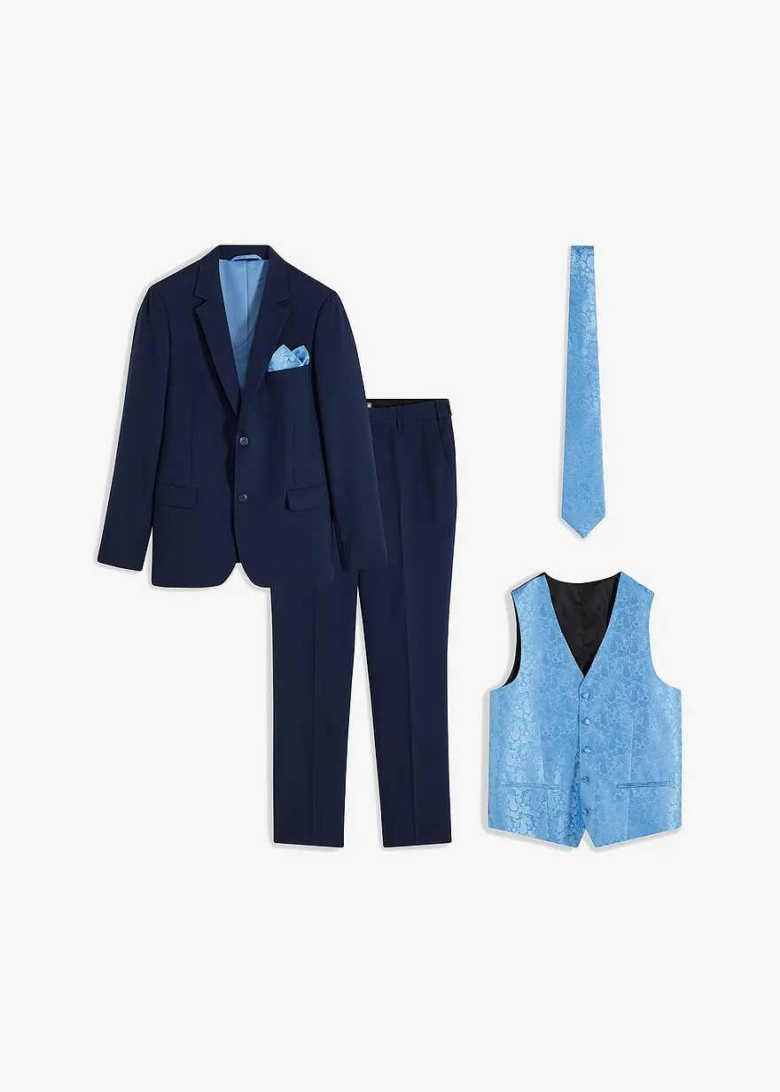 Hochzeitsanzug mit Weste und Krawatte (5-tlg.Set), Slim Fit in blau von vorne - bonprix