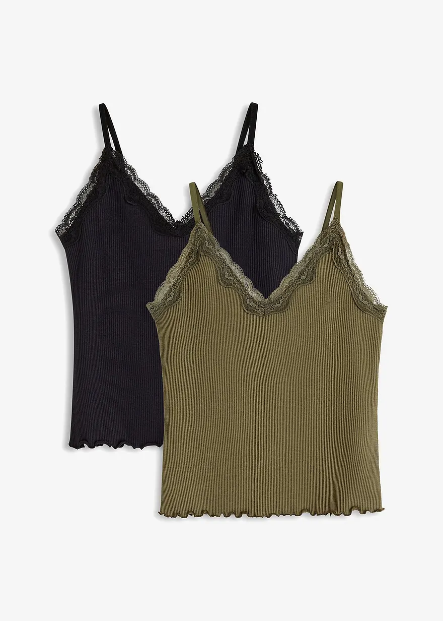 Ripp-Top aus softem Viskose-Mix (2er Pack) in grün von vorne - bonprix