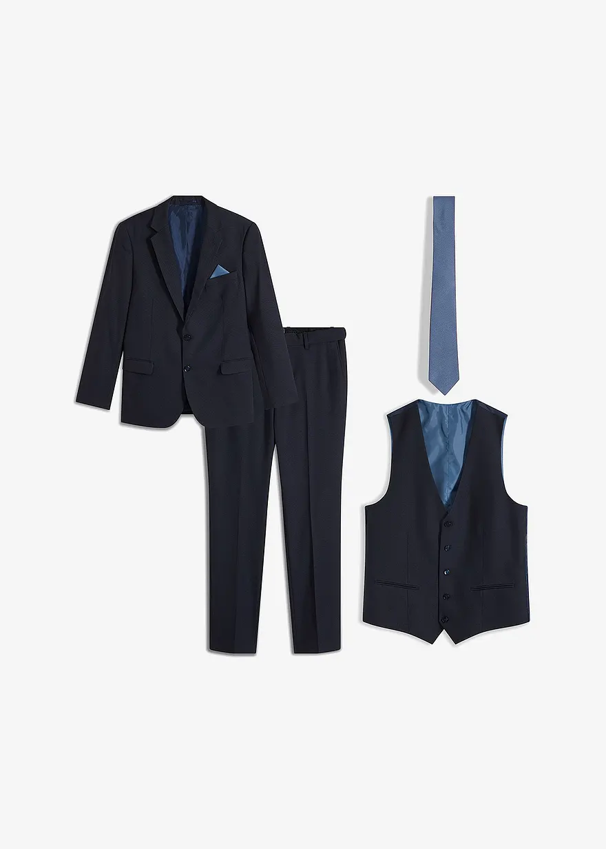Anzug mit Weste und Krawatte (4-tlg.Set), Slim Fit in blau von vorne - bonprix