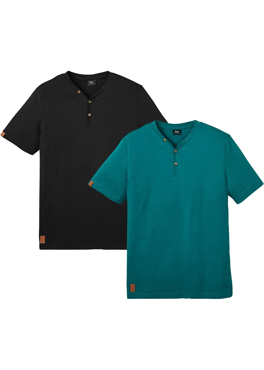 Henleyshirt (2er Pack) aus reiner Bio-Baumwolle in schwarz von vorne - bonprix