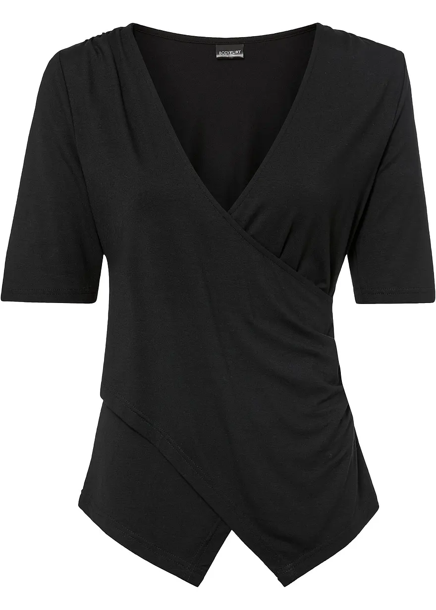 Shirt in Wickeloptik in schwarz von vorne - bonprix