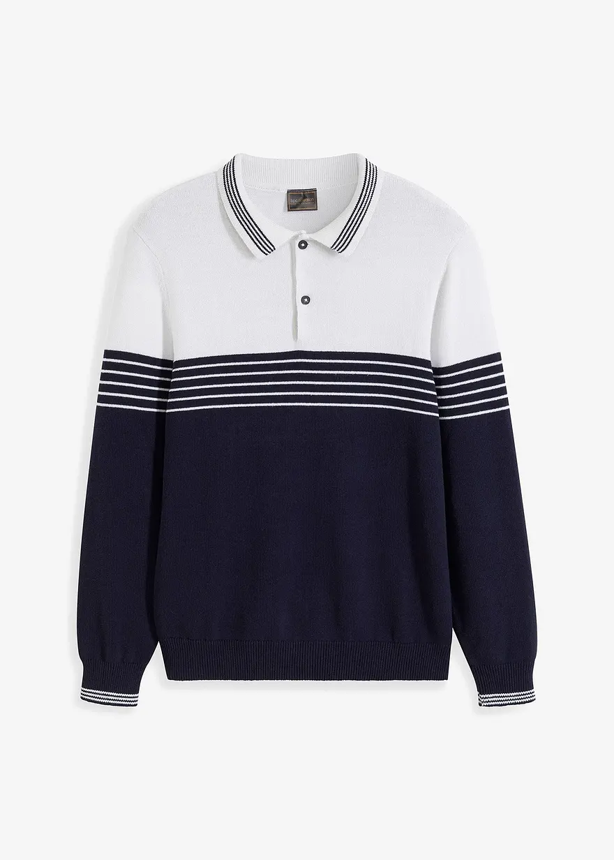 Polo-Feinstrickpullover mit recycelter Baumwolle in weiß von vorne - bonprix
