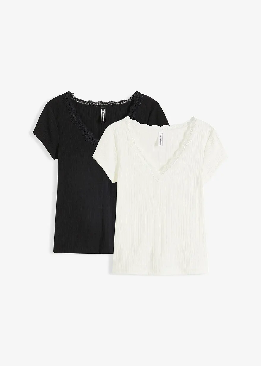 Rippshirt mit Spitzendetail (2er Pack) in schwarz von vorne - bonprix