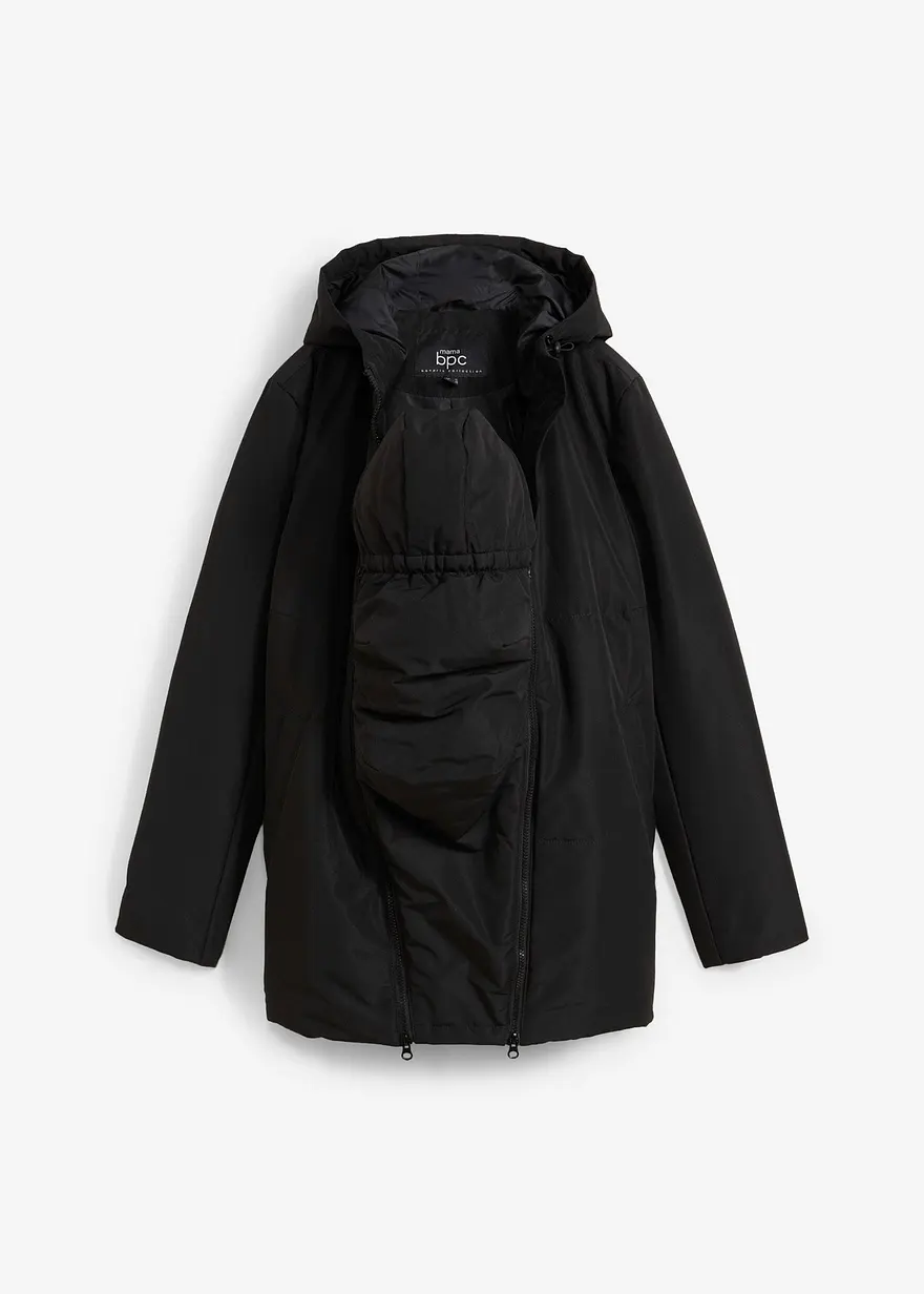Wattierte 3-in-1 Umstandsfunktionsjacke mit Trageeinsatz in schwarz von vorne - bonprix