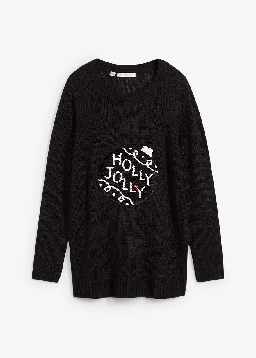 Weihnachtspullover mit Wendepailletten in schwarz von vorne - bonprix