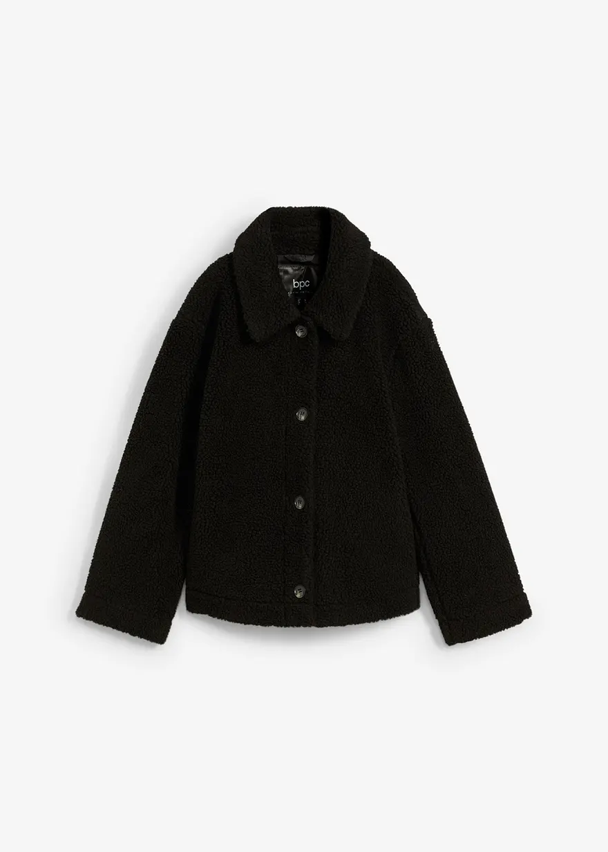 Gefütterte Teddyjacke mit Kragen in schwarz von vorne - bonprix