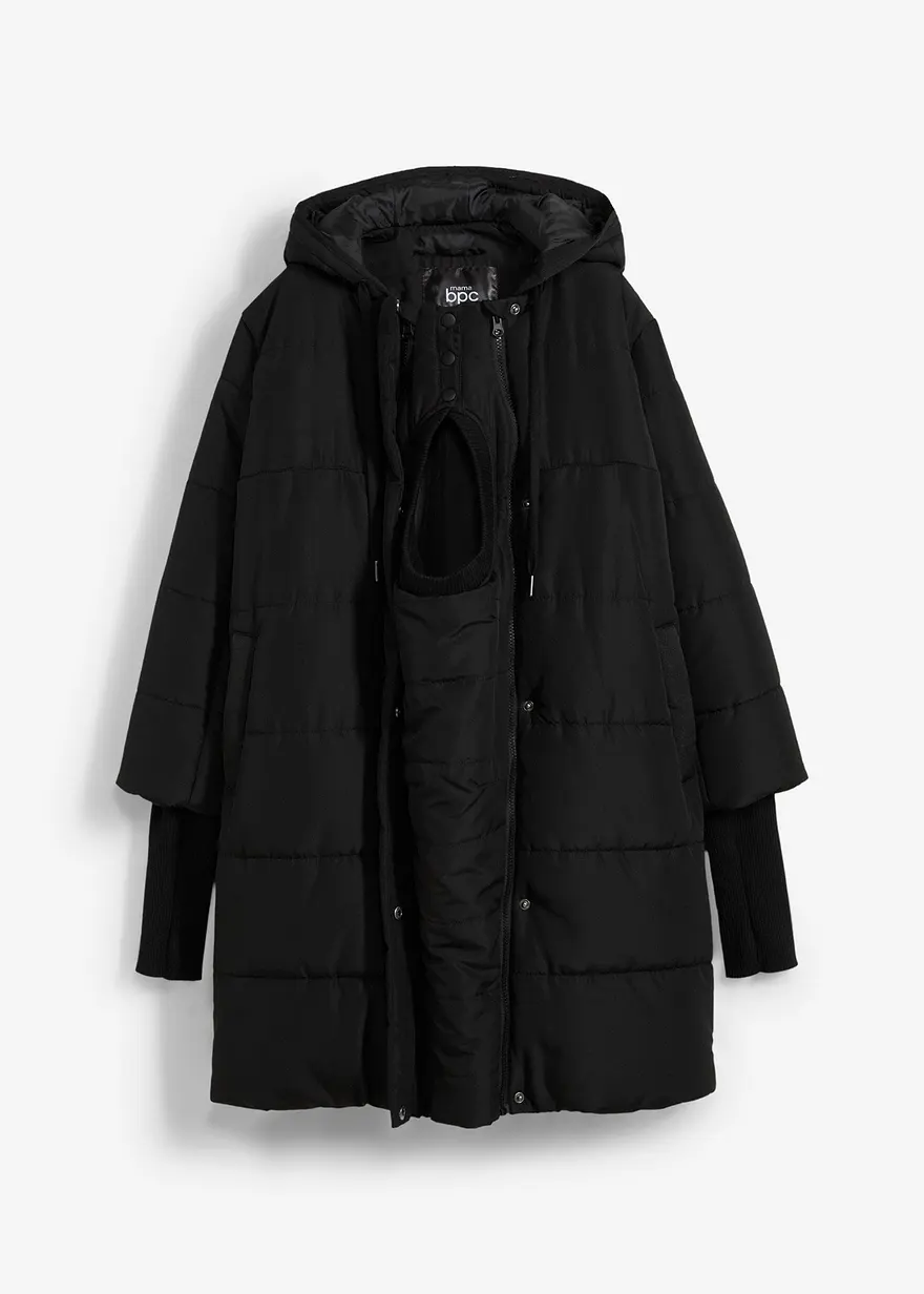 3-in-1 warmer Umstandsmantel mit Trageeinsatz in schwarz von vorne - bonprix