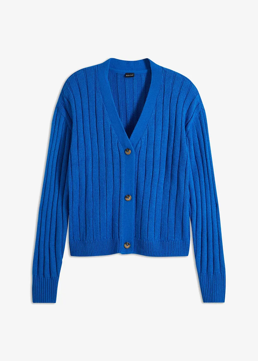 Kurze Ripp-Strickjacke in blau von vorne - bonprix