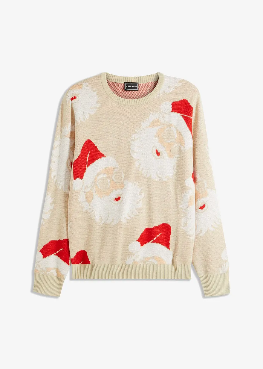 Feinstrickpullover mit Weihnachtsmotiv in beige von vorne - bonprix
