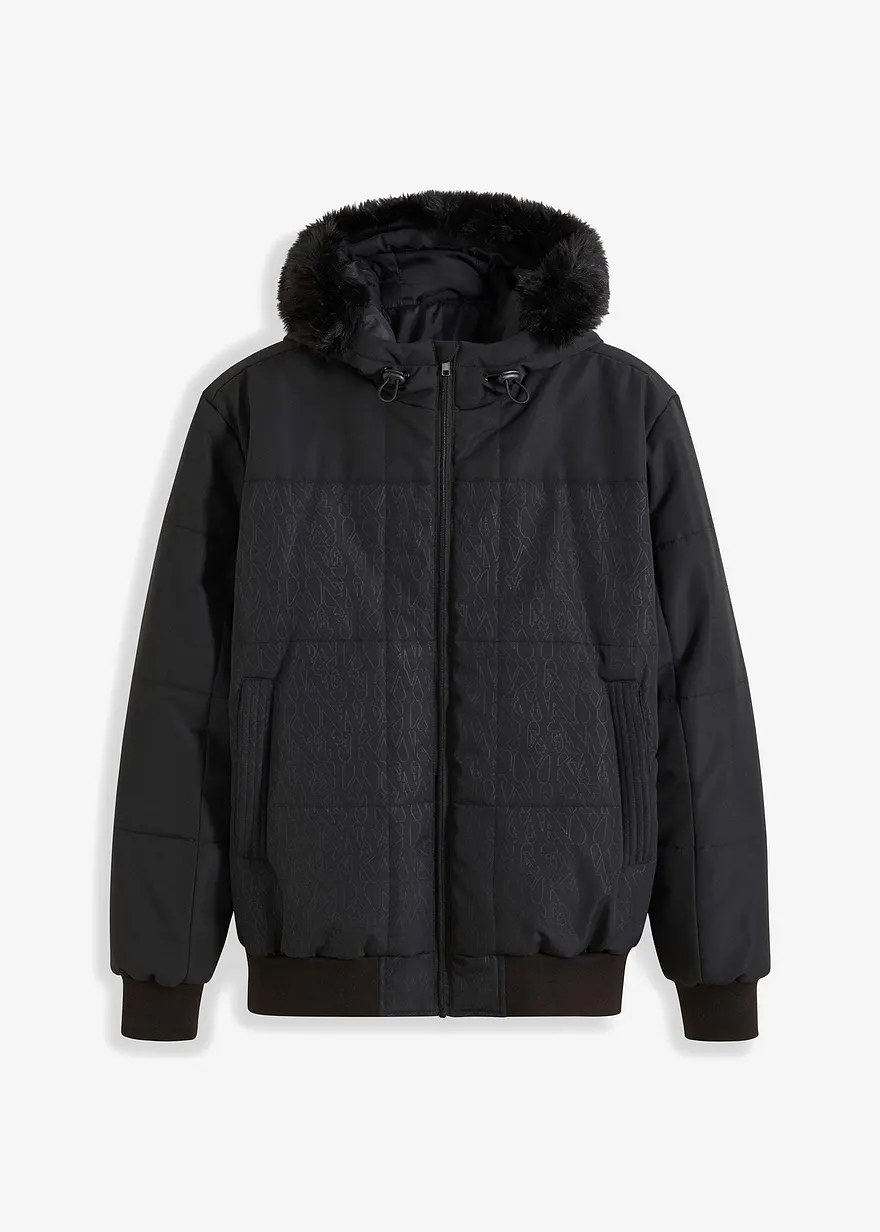 Steppjacke mit Fellkapuze in Blousonform in schwarz von vorne - bonprix