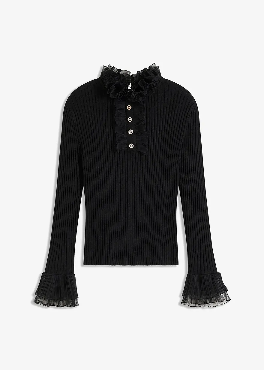 Feinstrick-Shirt mit Chiffon-Volants in schwarz von vorne - bonprix