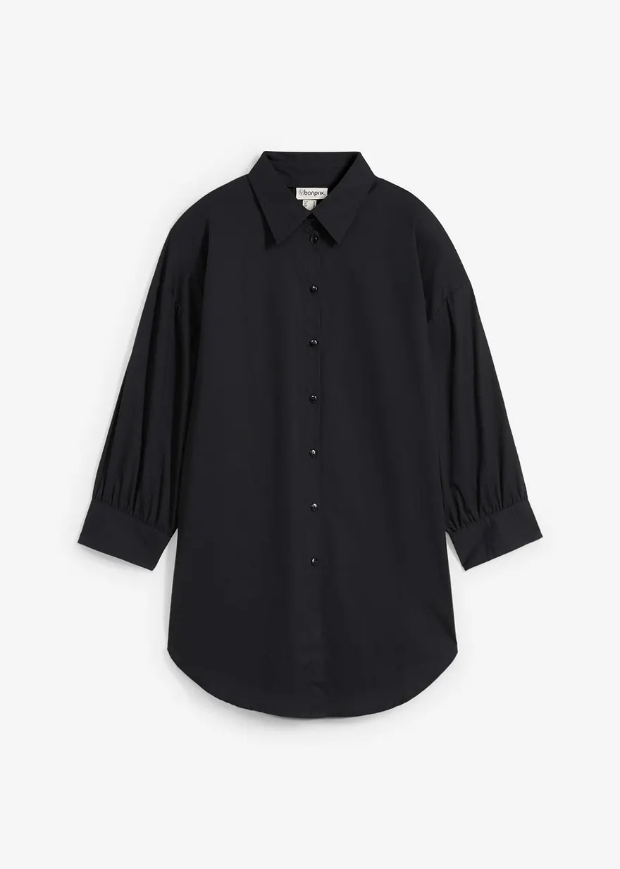 Oversize-Hemd aus Baumwolle mit 3/4 Arm in schwarz von vorne - bonprix