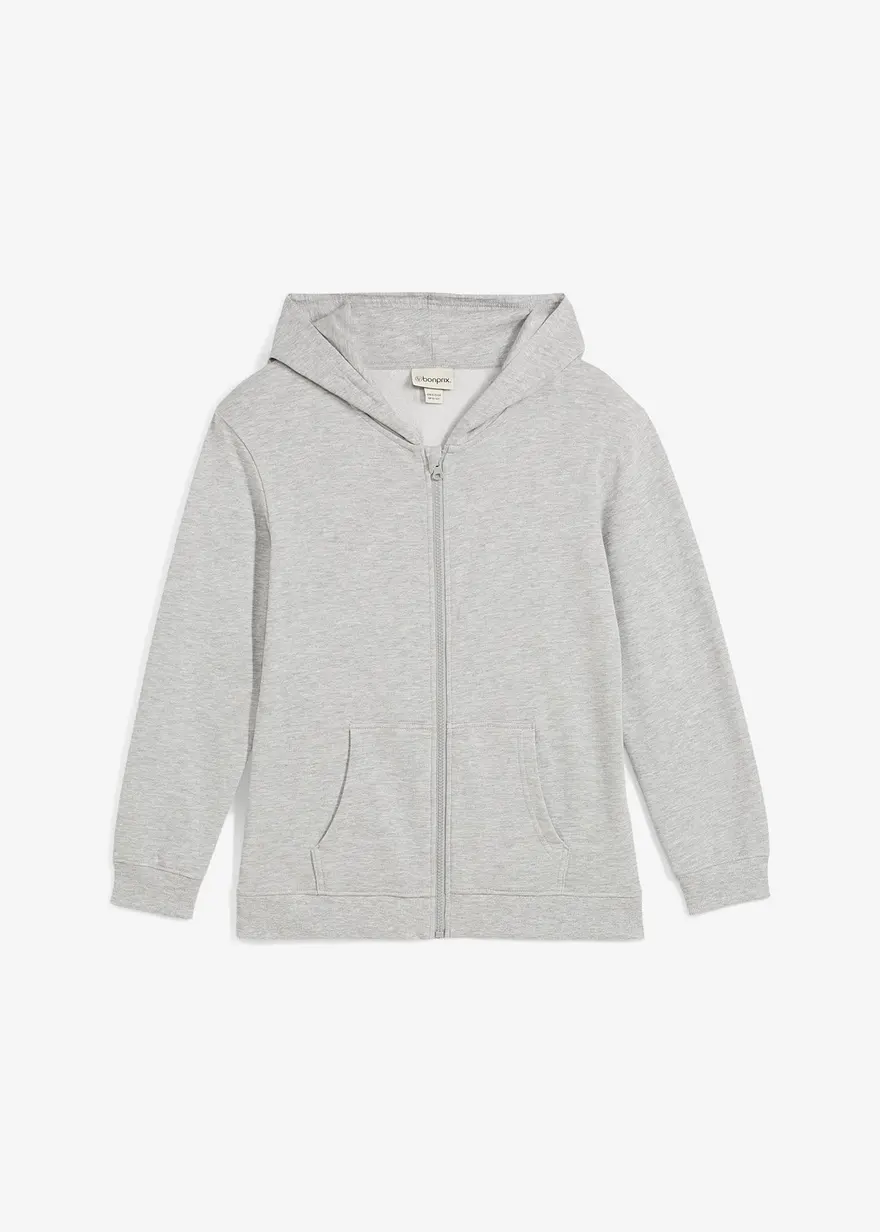 Kapuzen-Sweatjacke aus weichem Bio-Baumwoll-Mix in grau von vorne - bonprix