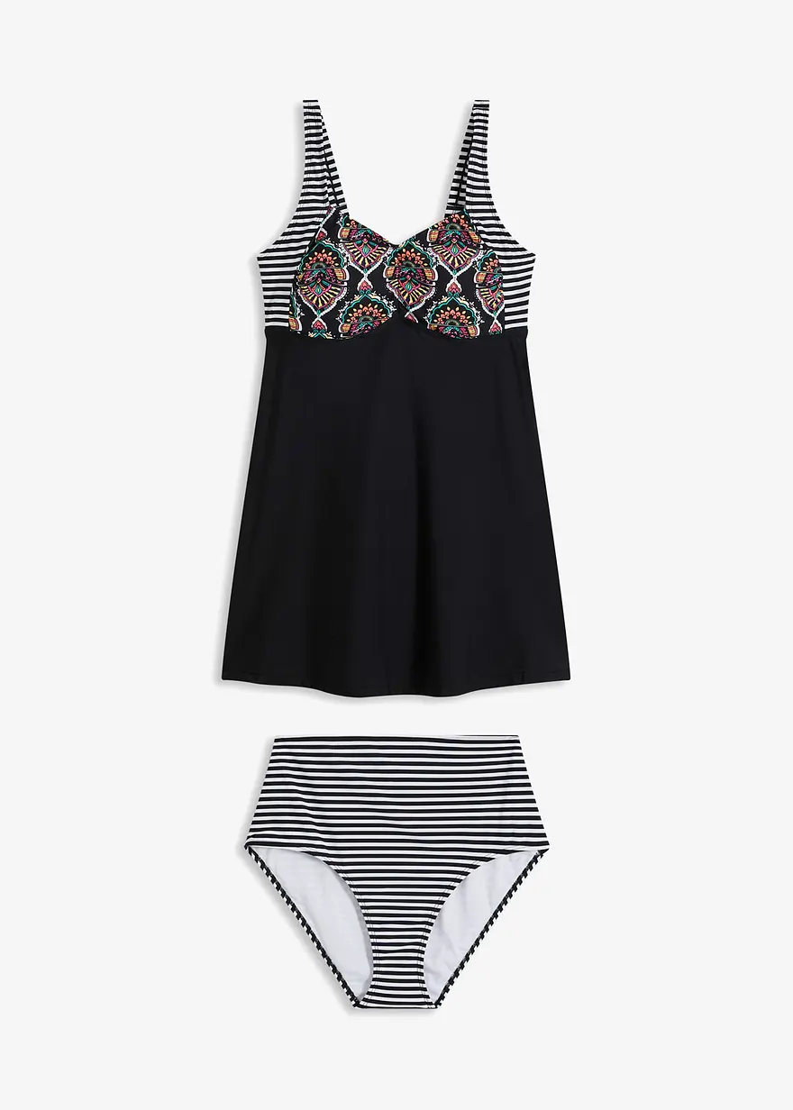 Long-Tankini (2-tlg. Set) mit Highwaist-Bikinihose in schwarz von vorne - bonprix