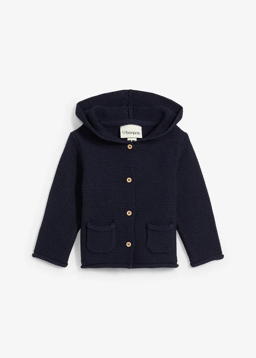 Strickjacke mit Kapuze und Knöpfen in blau von vorne - bonprix
