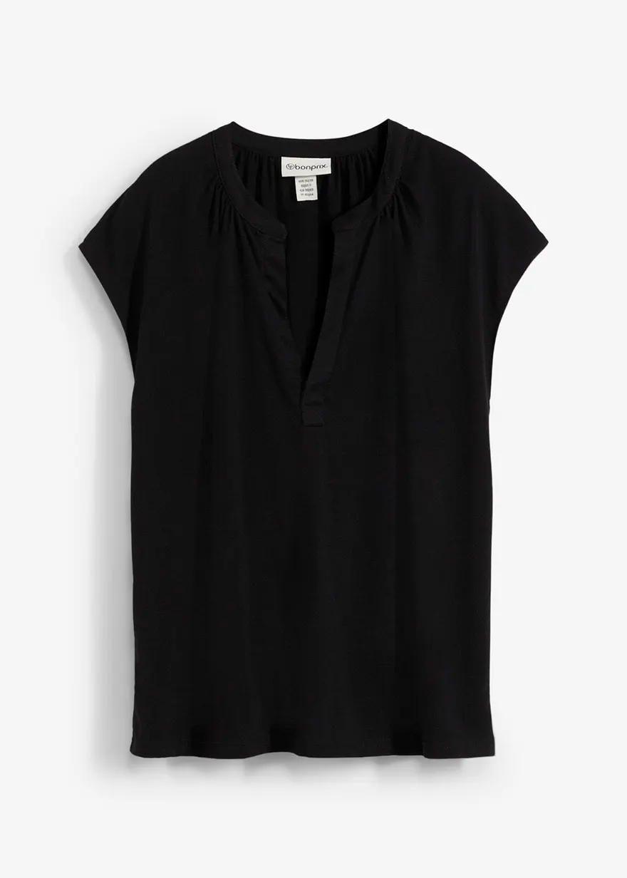 Kurzarmshirt mit Henley-Ausschnitt aus Viskosemix in schwarz von vorne - bonprix
