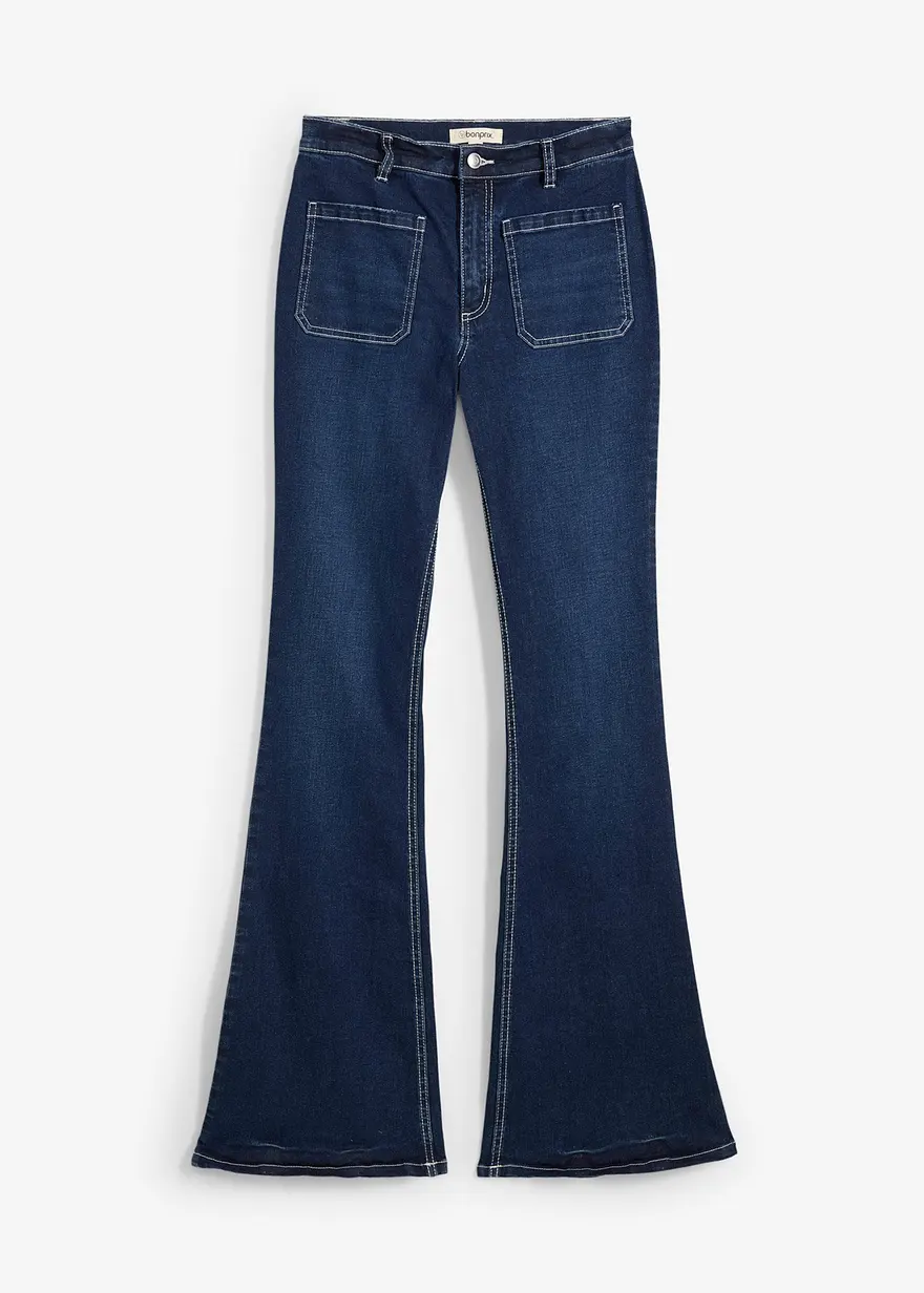 Bootcut-Jeans High Waist, Stretch Full Length in blau von vorne - bonprix