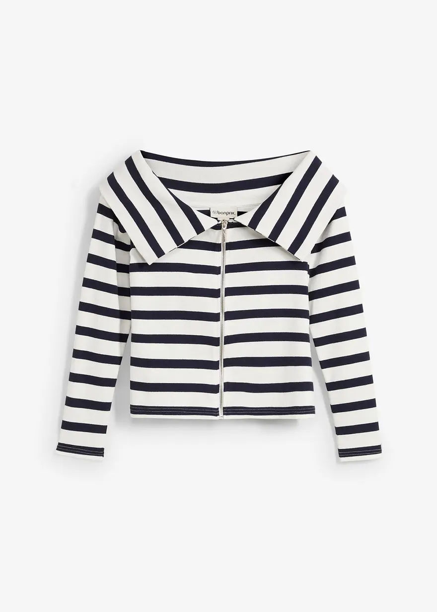 Geripptes Carmenshirt in weiß von vorne - bonprix