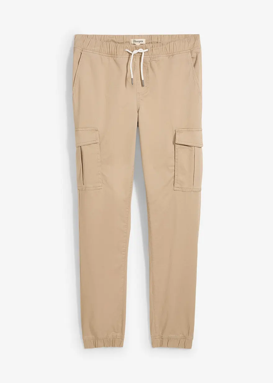 Slim Fit Stretch-Schlupfhose mit Cargotaschen, Straight in beige von vorne - bonprix