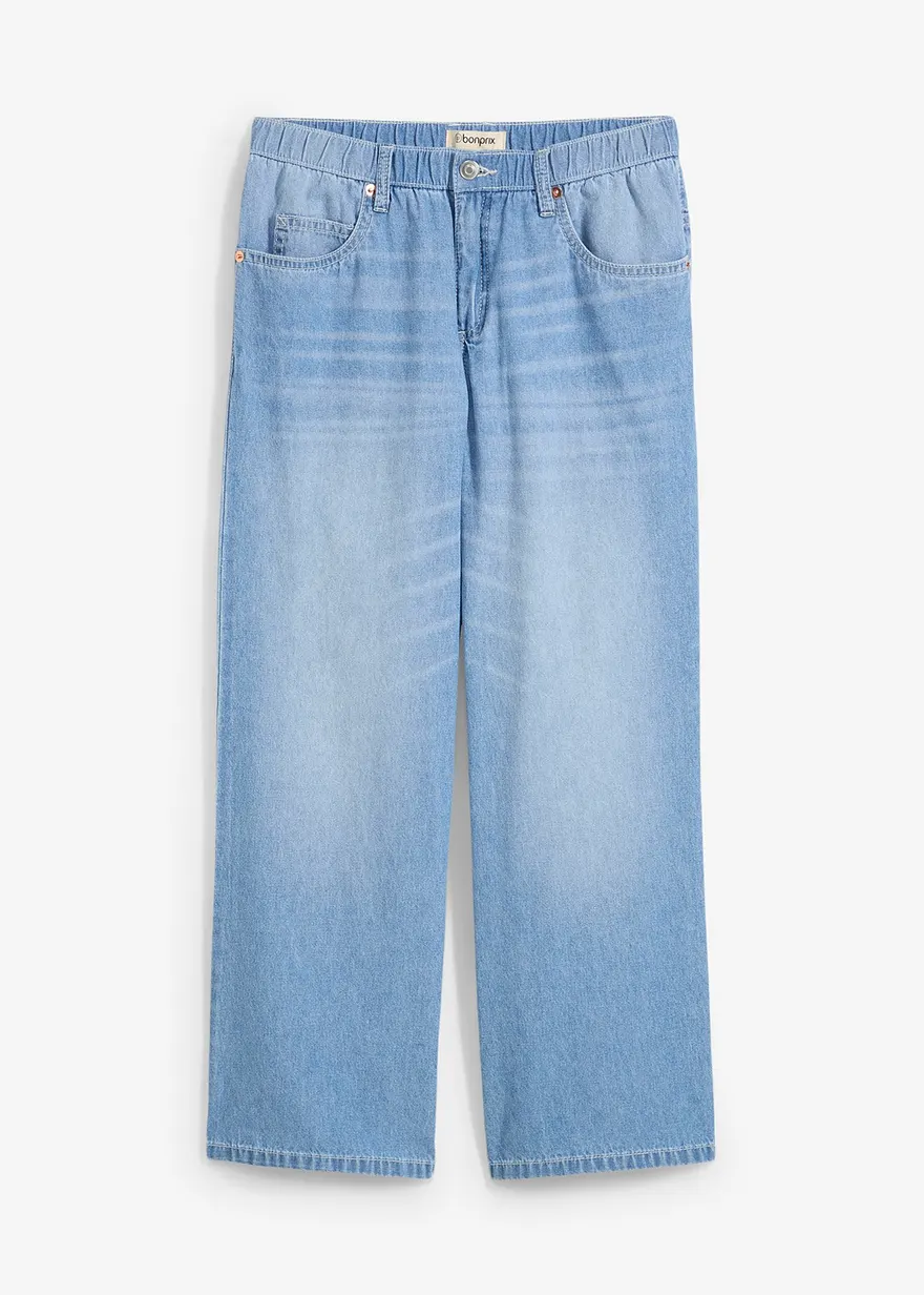 Straight-Jeans Mid Waist, Bequembund Low Stretch cropped in blau von vorne - bonprix