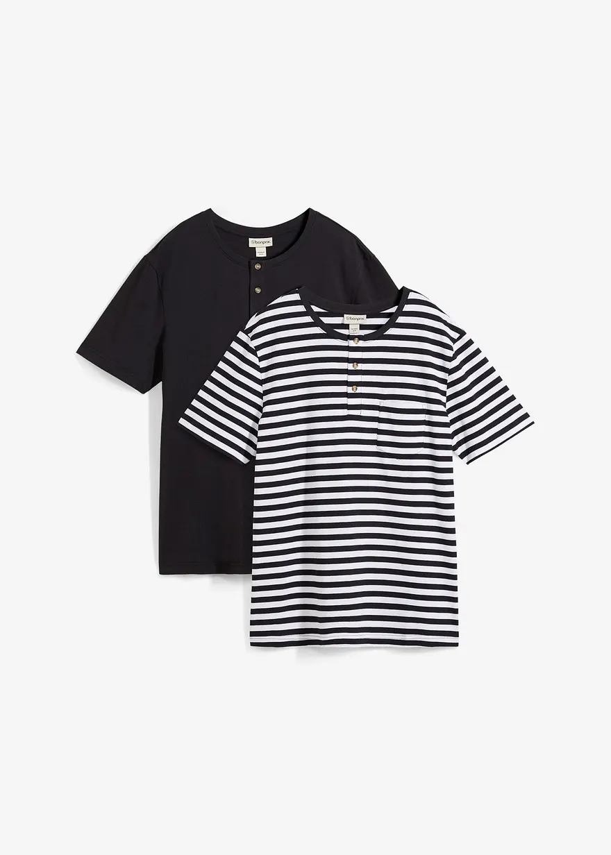 Kurzarm-Henleyshirt (2er Pack) aus reiner Bio-Baumwolle in schwarz von vorne - bonprix